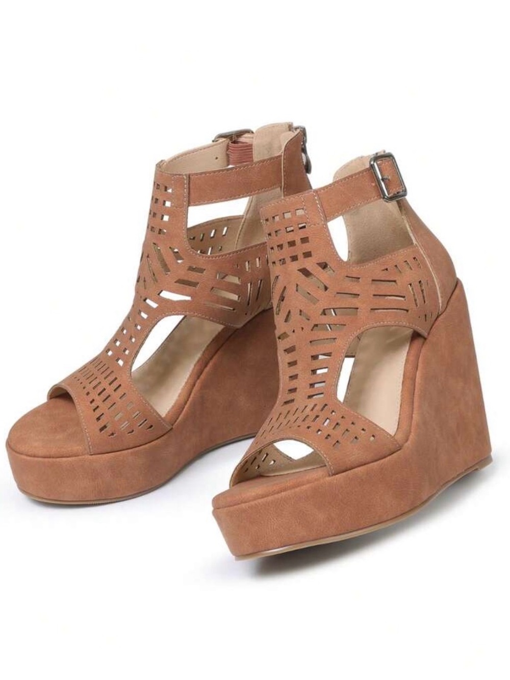 Women's Tan Laser-Cut Wedge Sandals